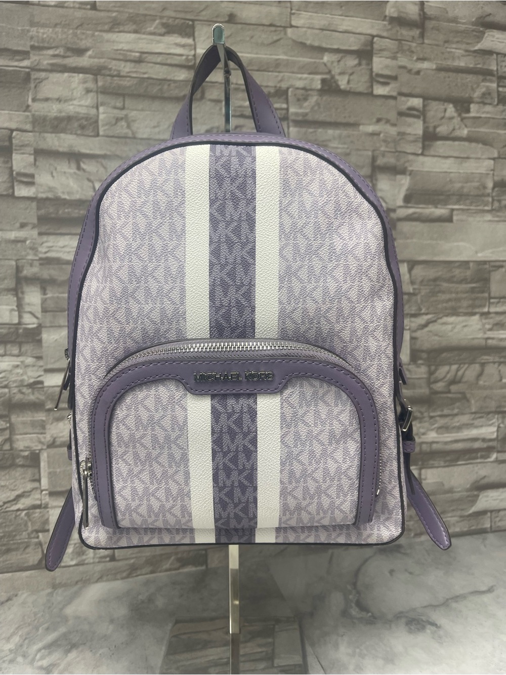 Michael Kors Jaycee Backpack MK Logo Purple & White Orchid Haze Center Stripe - Picture 3 of 15